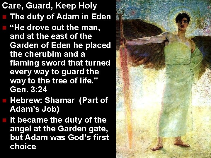 Care, Guard, Keep Holy n The duty of Adam in Eden n “He drove