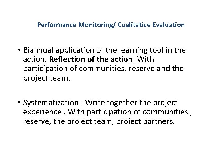 Performance Monitoring/ Cualitative Evaluation • Biannual application of the learning tool in the action.