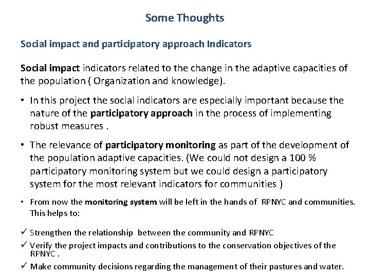 Some Thoughts Social impact and participatory approach Indicators Social impact indicators related to the