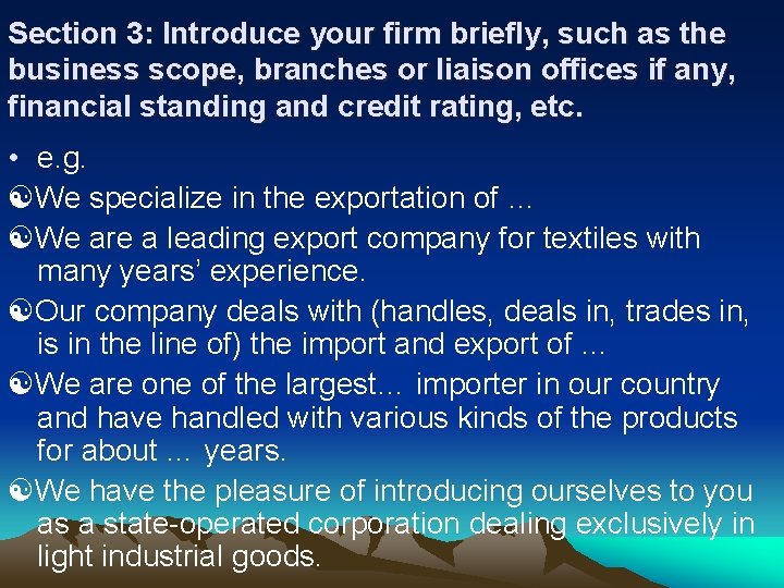 Section 3: Introduce your firm briefly, such as the business scope, branches or liaison