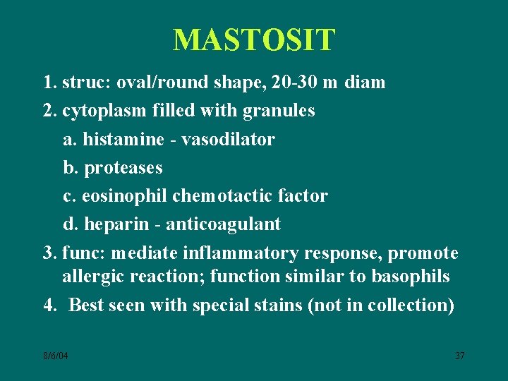 MASTOSIT 1. struc: oval/round shape, 20 -30 m diam 2. cytoplasm filled with granules