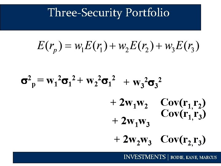 Three-Security Portfolio 2 p = w 12 12 + w 22 12 + w