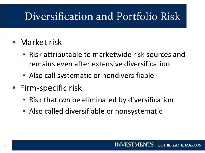 Diversification and Portfolio Risk • Market risk • Risk attributable to marketwide risk sources