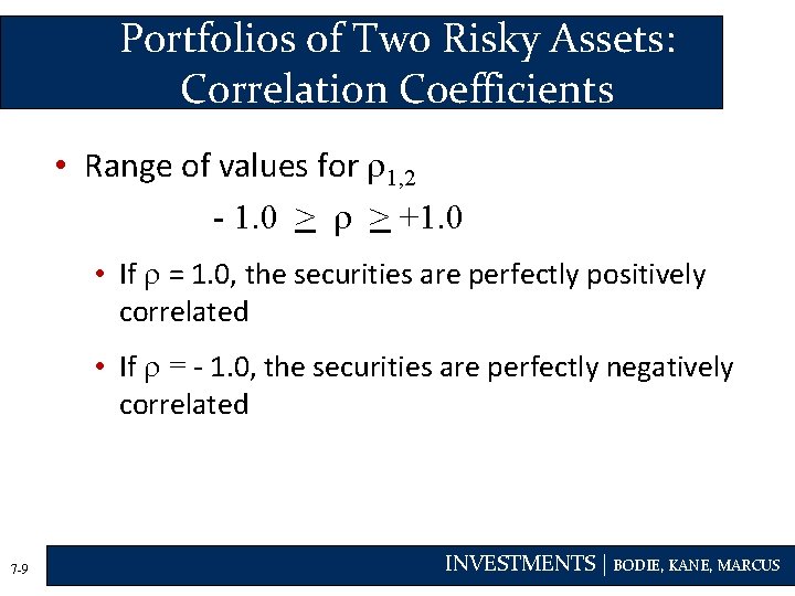 Portfolios of Two Risky Assets: Correlation Coefficients • Range of values for 1, 2