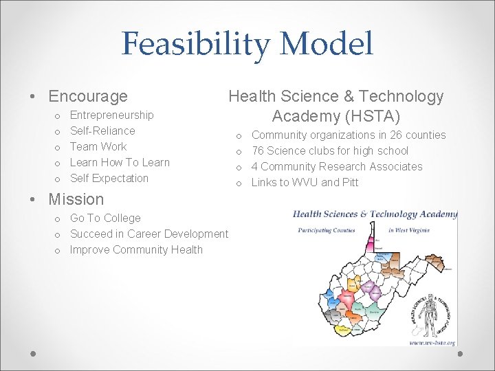Feasibility Model • Encourage o o o Entrepreneurship Self-Reliance Team Work Learn How To