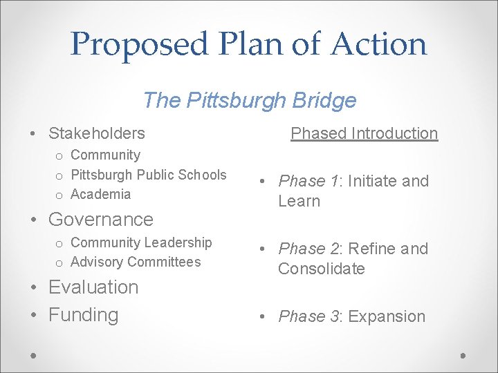 Proposed Plan of Action The Pittsburgh Bridge • Stakeholders o Community o Pittsburgh Public