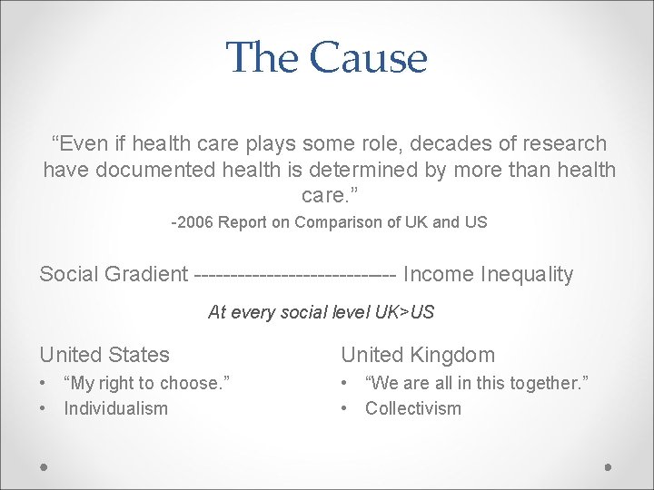 The Cause “Even if health care plays some role, decades of research have documented