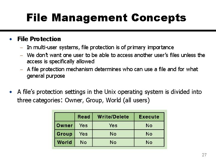 File Management Concepts • File Protection – In multi-user systems, file protection is of