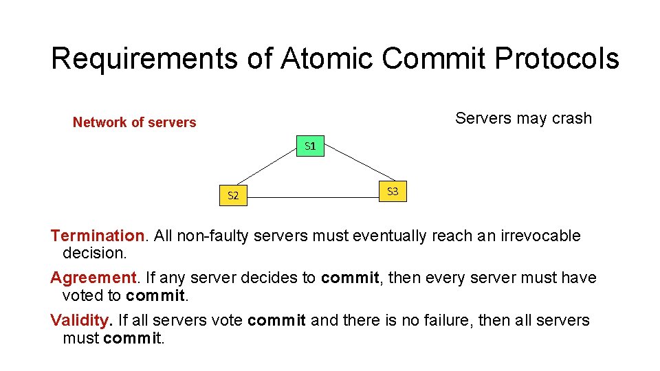 Requirements of Atomic Commit Protocols Servers may crash Network of servers S 1 S