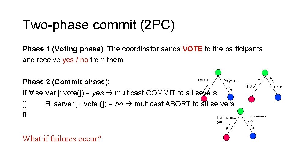 Two-phase commit (2 PC) Phase 1 (Voting phase): The coordinator sends VOTE to the