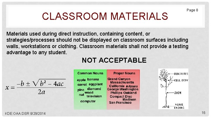 CLASSROOM MATERIALS Page 8 Materials used during direct instruction, containing content, or strategies/processes should
