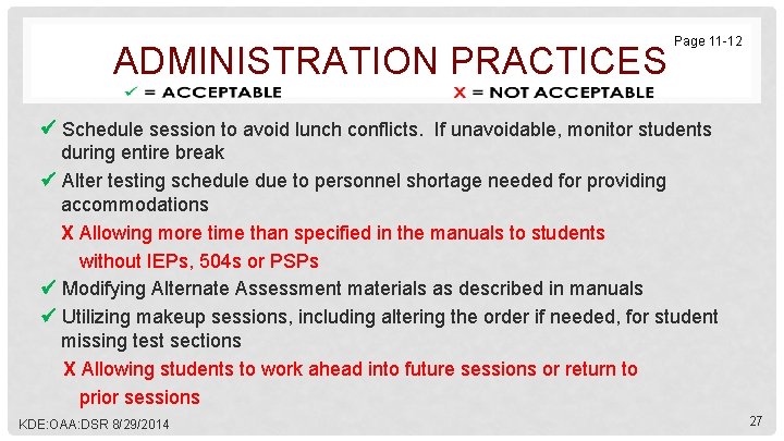 ADMINISTRATION PRACTICES Page 11 -12 Schedule session to avoid lunch conflicts. If unavoidable, monitor