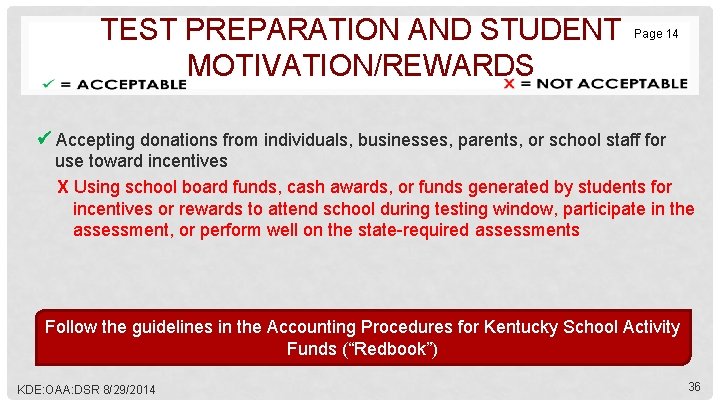 TEST PREPARATION AND STUDENT MOTIVATION/REWARDS Page 14 Accepting donations from individuals, businesses, parents, or