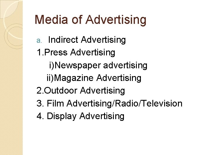 Media of Advertising Indirect Advertising 1. Press Advertising i)Newspaper advertising ii)Magazine Advertising 2. Outdoor