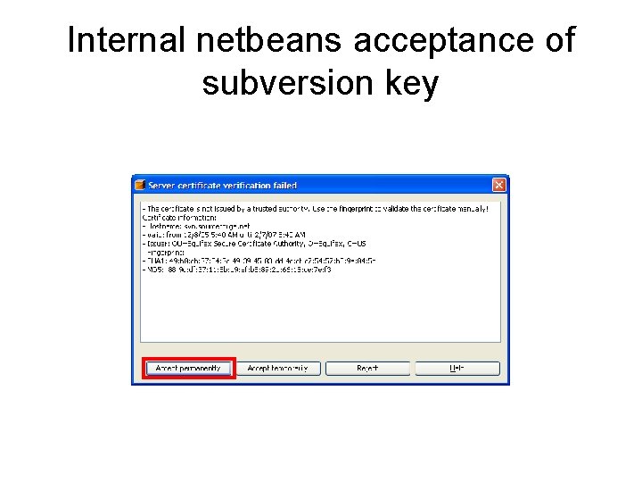 Internal netbeans acceptance of subversion key 