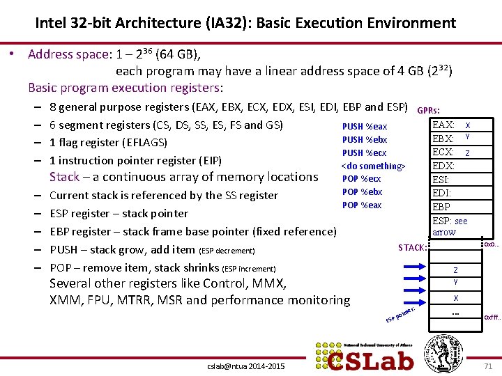 Intel 32 -bit Architecture (IA 32): Basic Execution Environment • Address space: 1 –