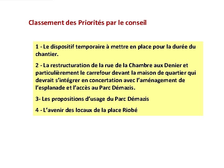 Classement des Priorités par le conseil 1 - Le dispositif temporaire à mettre en