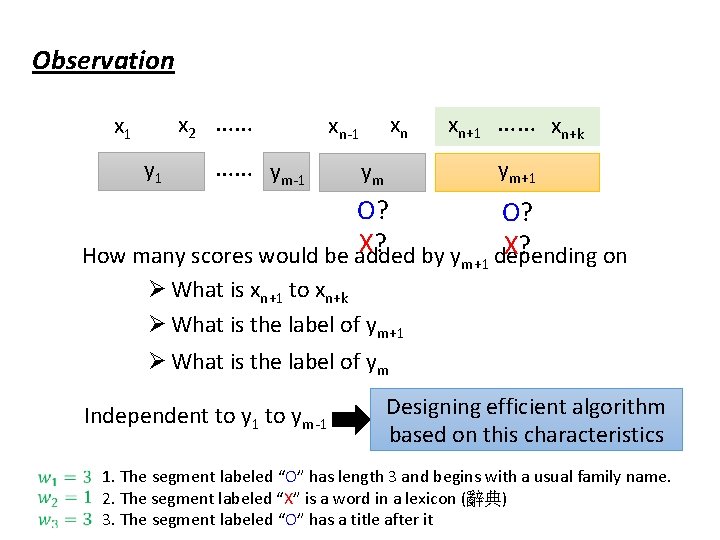 Observation x 2 …… x 1 y 1 …… ym-1 xn xn-1 xn+1 ……