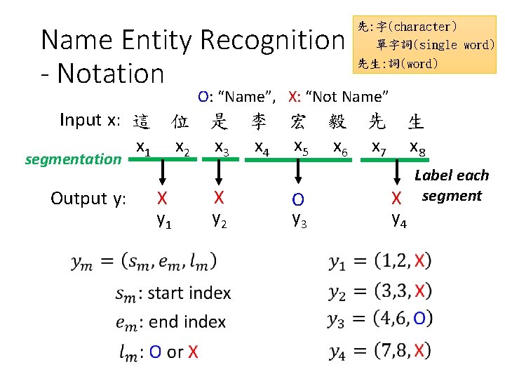 Name Entity Recognition - Notation 先: 字(character) 單字詞(single word) 先生: 詞(word) O: “Name”, X:
