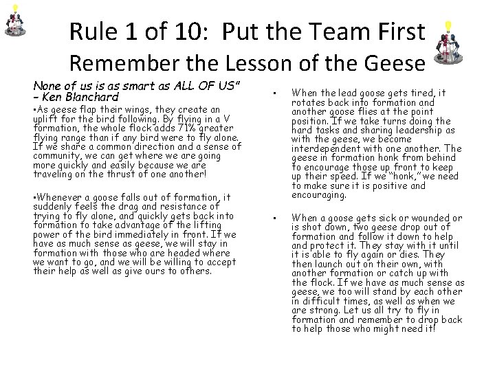 Rule 1 of 10: Put the Team First Remember the Lesson of the Geese