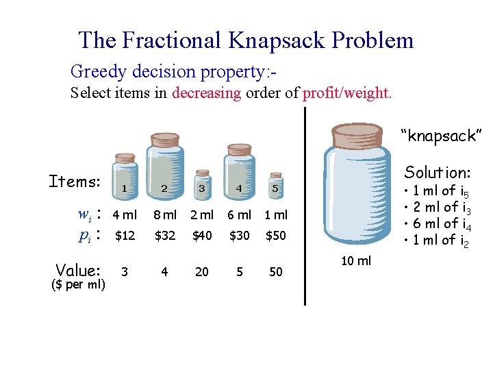 The Fractional Knapsack Problem Greedy decision property: Select items in decreasing order of profit/weight.