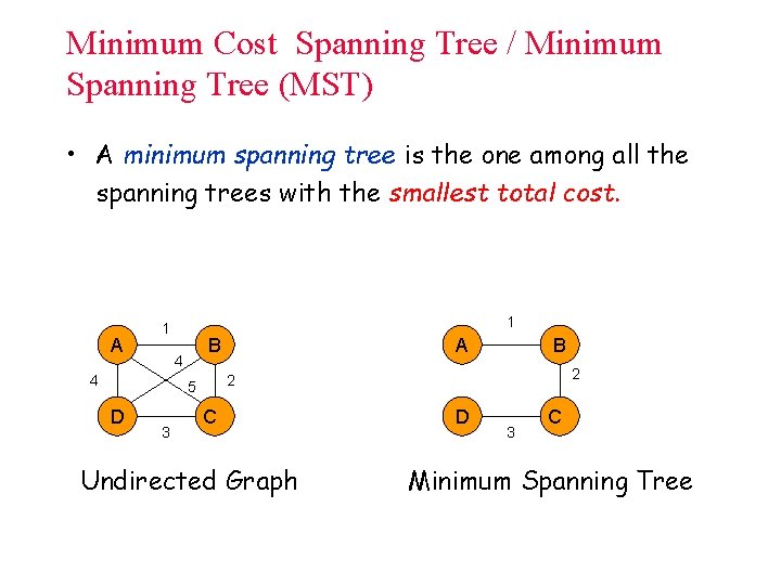 Minimum Cost Spanning Tree / Minimum Spanning Tree (MST) • A minimum spanning tree