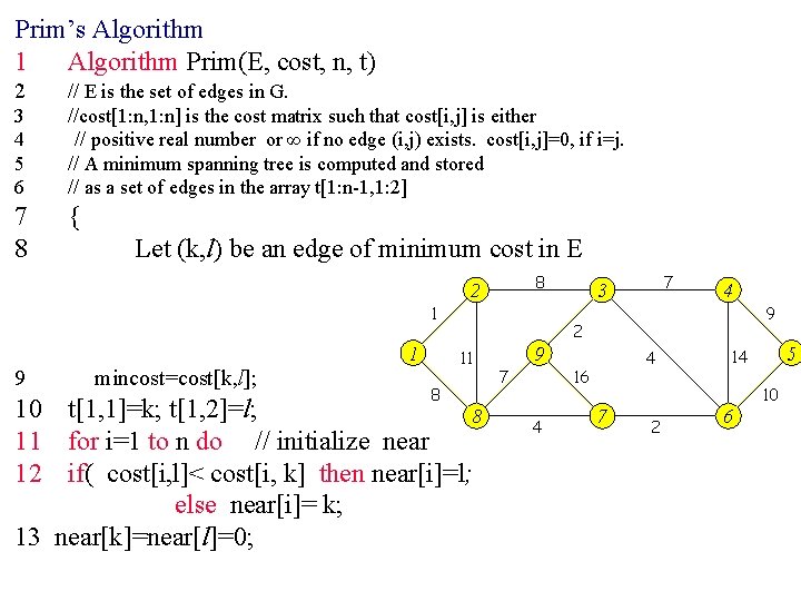 Prim’s Algorithm 1 Algorithm Prim(E, cost, n, t) 2 3 4 5 6 7