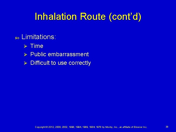 Inhalation Route (cont’d) Limitations: Time Ø Public embarrassment Ø Difficult to use correctly Ø