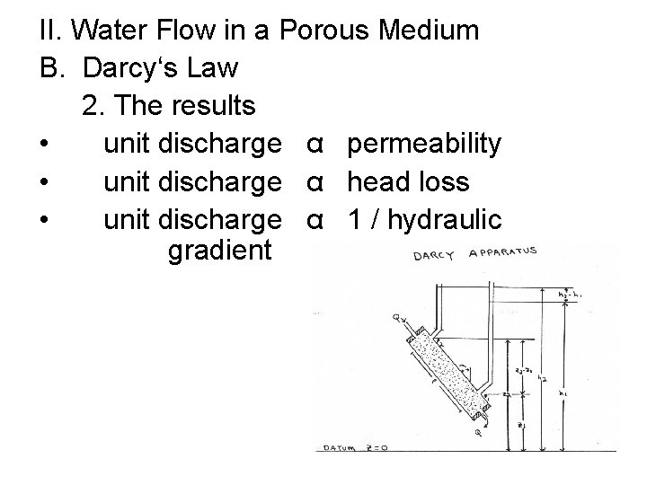II. Water Flow in a Porous Medium B. Darcy‘s Law 2. The results •