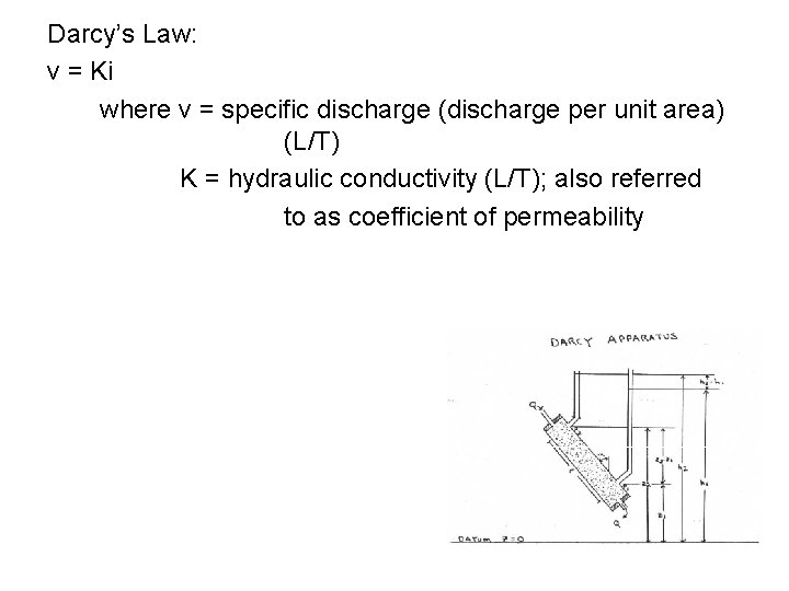 Darcy’s Law: v = Ki where v = specific discharge (discharge per unit area)