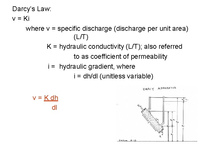 Darcy’s Law: v = Ki where v = specific discharge (discharge per unit area)