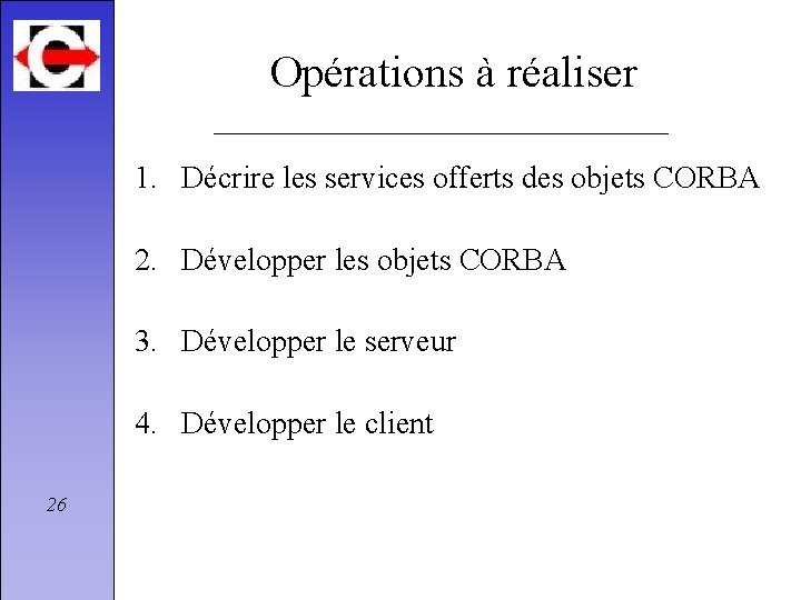 Opérations à réaliser 1. Décrire les services offerts des objets CORBA 2. Développer les