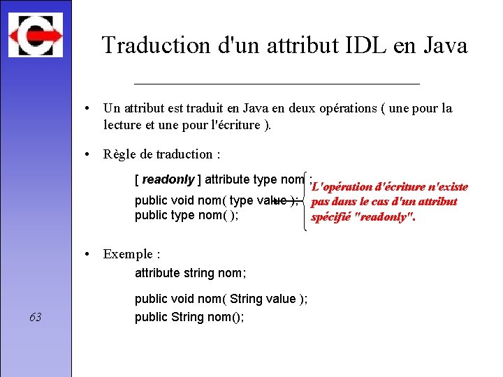 Traduction d'un attribut IDL en Java • Un attribut est traduit en Java en