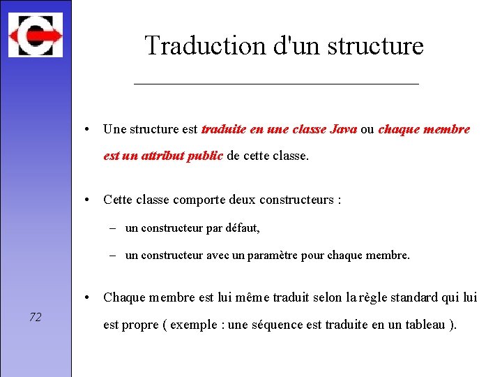 Traduction d'un structure • Une structure est traduite en une classe Java ou chaque