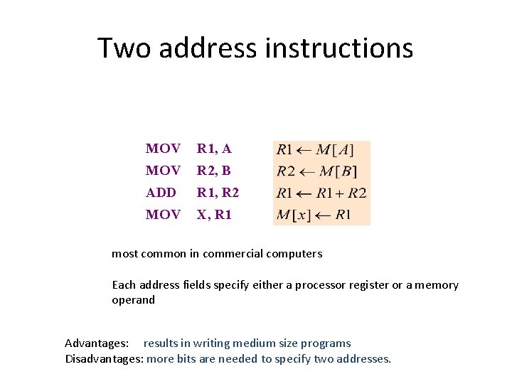 Two address instructions MOV R 1, A MOV R 2, B ADD R 1, Two address instructions MOV R 1, A MOV R 2, B ADD R 1,