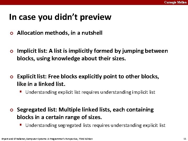 Carnegie Mellon In case you didn’t preview ¢ ¢ ¢ Allocation methods, in a