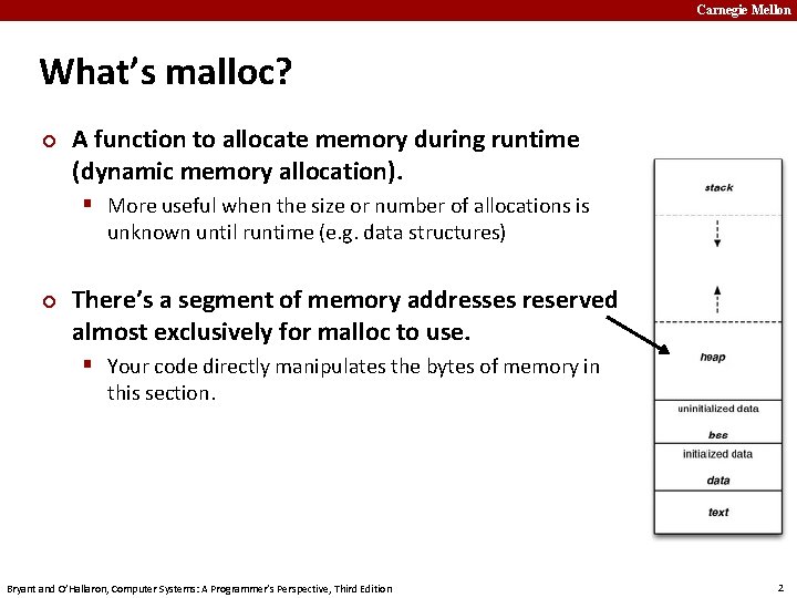 Carnegie Mellon What’s malloc? ¢ A function to allocate memory during runtime (dynamic memory