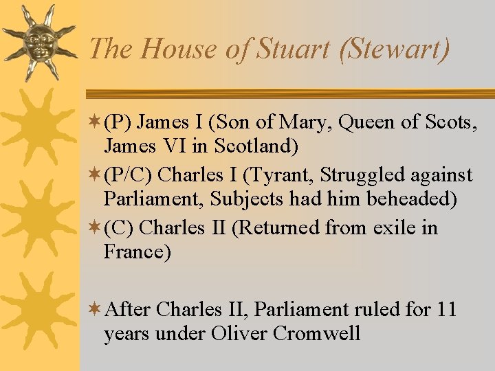 The House of Stuart (Stewart) ¬(P) James I (Son of Mary, Queen of Scots,