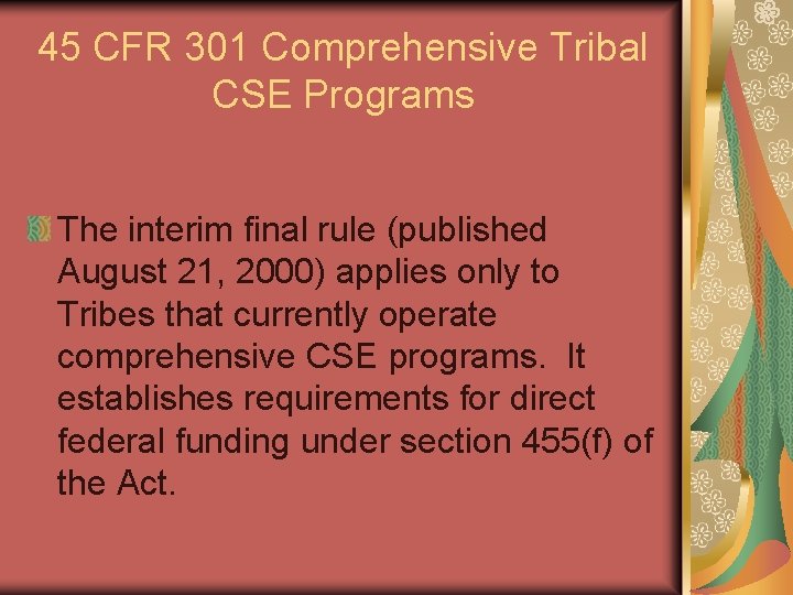 45 CFR 301 Comprehensive Tribal CSE Programs The interim final rule (published August 21,