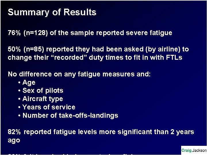 Summary of Results 76% (n=128) of the sample reported severe fatigue 50% (n=85) reported