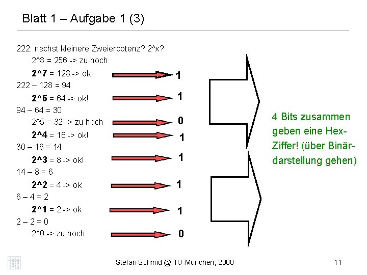 Blatt 1 – Aufgabe 1 (3) 222: nächst kleinere Zweierpotenz? 2^x? 2^8 = 256