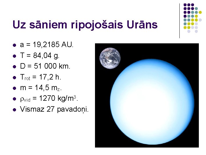 Uz sāniem ripojošais Urāns l l l l a = 19, 2185 AU. T