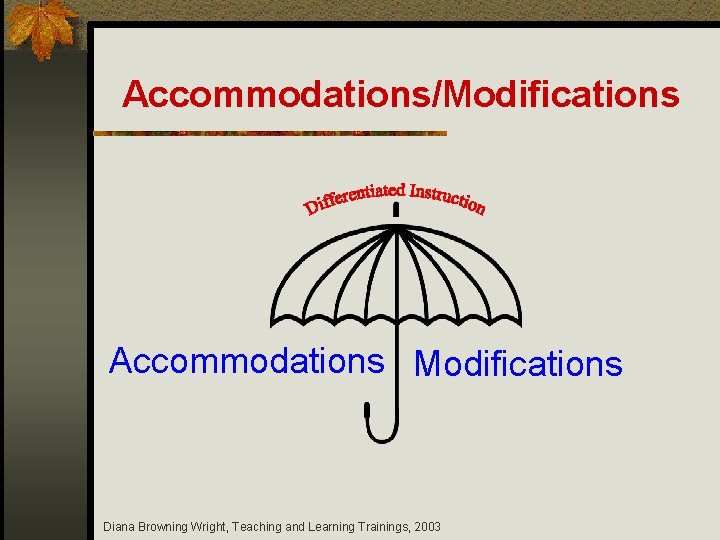 Accommodations/Modifications Accommodations Modifications Diana Browning Wright, Teaching and Learning Trainings, 2003 