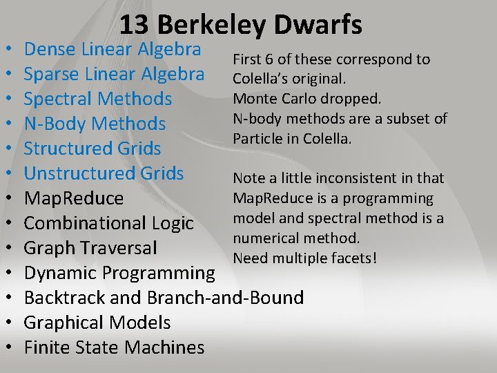  • • • • 13 Berkeley Dwarfs Dense Linear Algebra First 6 of