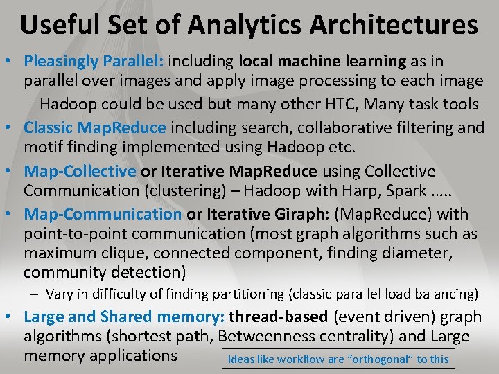 Useful Set of Analytics Architectures • Pleasingly Parallel: including local machine learning as in