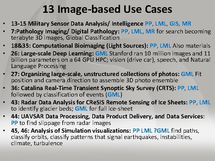 13 Image-based Use Cases • 13 -15 Military Sensor Data Analysis/ Intelligence PP, LML,