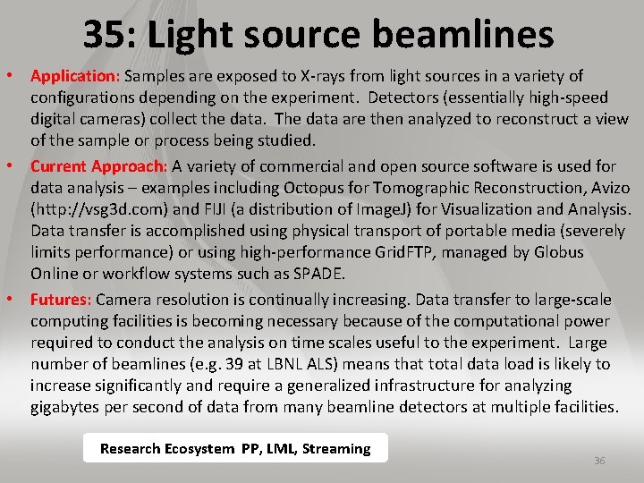 35: Light source beamlines • Application: Samples are exposed to X-rays from light sources