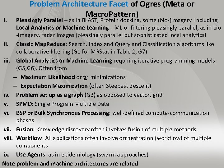 i. Problem Architecture Facet of Ogres (Meta or Macro. Pattern) Pleasingly Parallel – as
