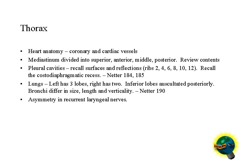 Thorax • Heart anatomy – coronary and cardiac vessels • Mediastinum divided into superior,