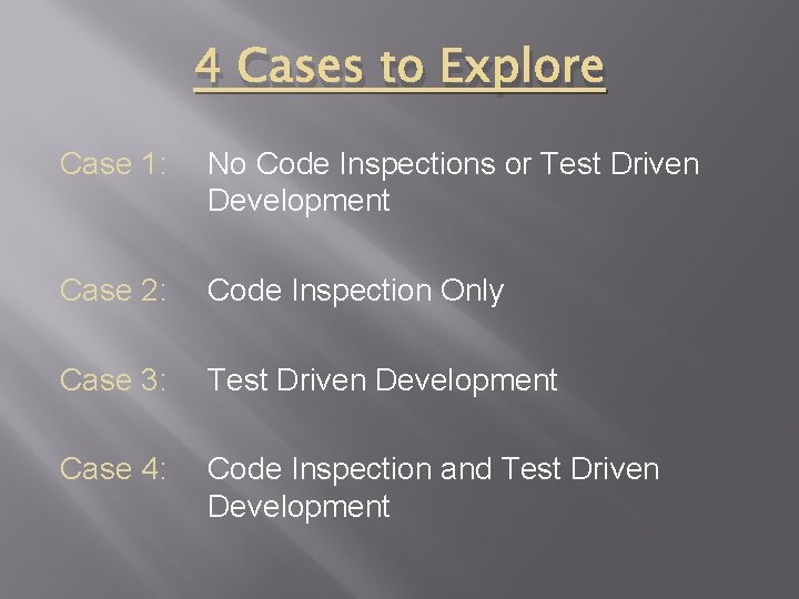 4 Cases to Explore Case 1: No Code Inspections or Test Driven Development Case 4 Cases to Explore Case 1: No Code Inspections or Test Driven Development Case